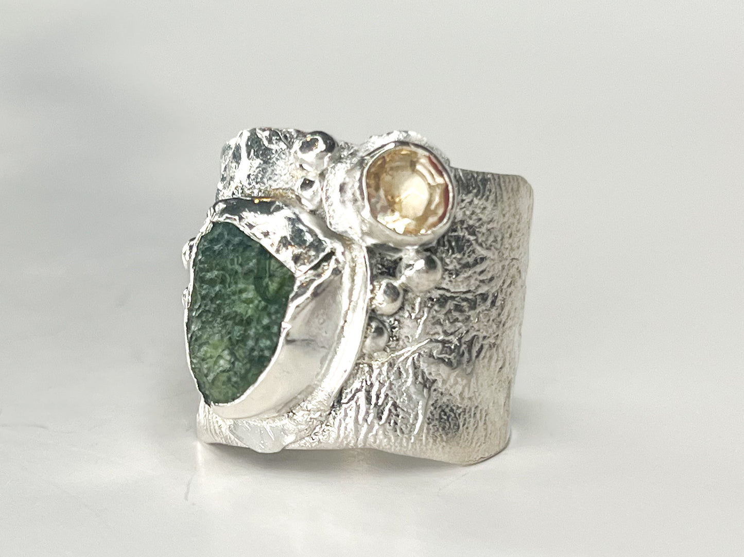 Moldavite and citrine silver ring