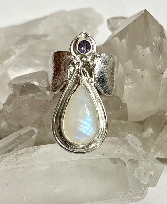 Sterling silver ring with moonstone and amethyst