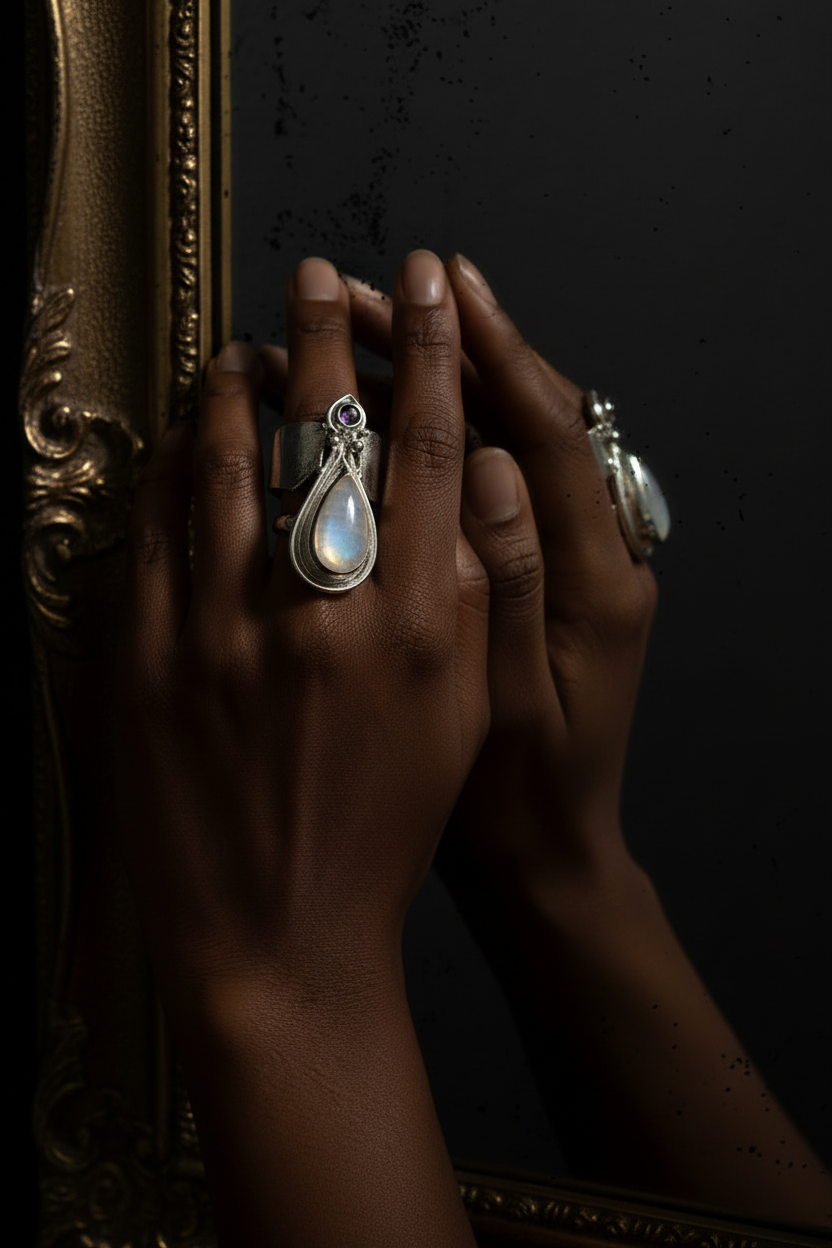 Sterling silver ring with moonstone and amethyst