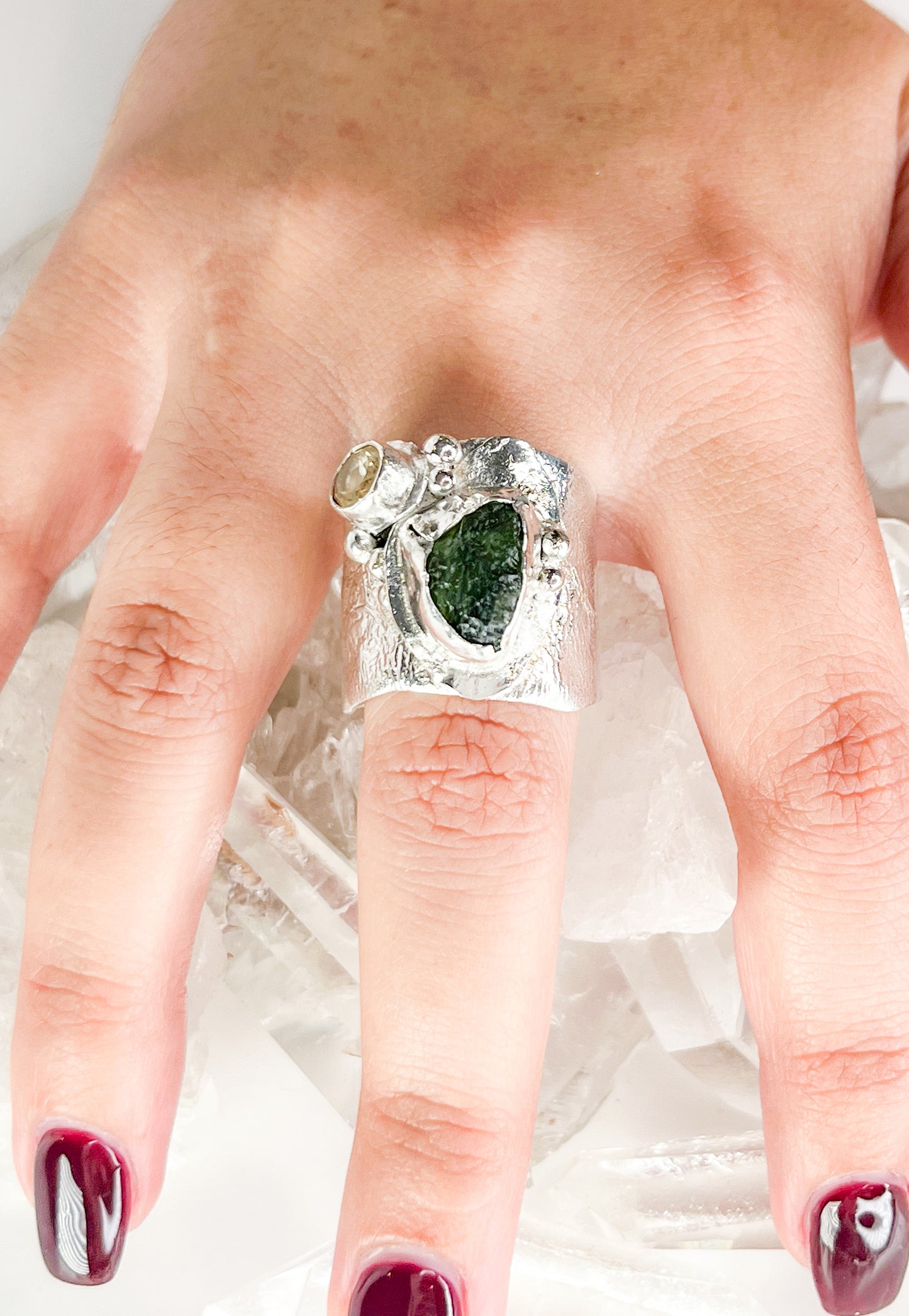 Moldavite and citrine silver ring