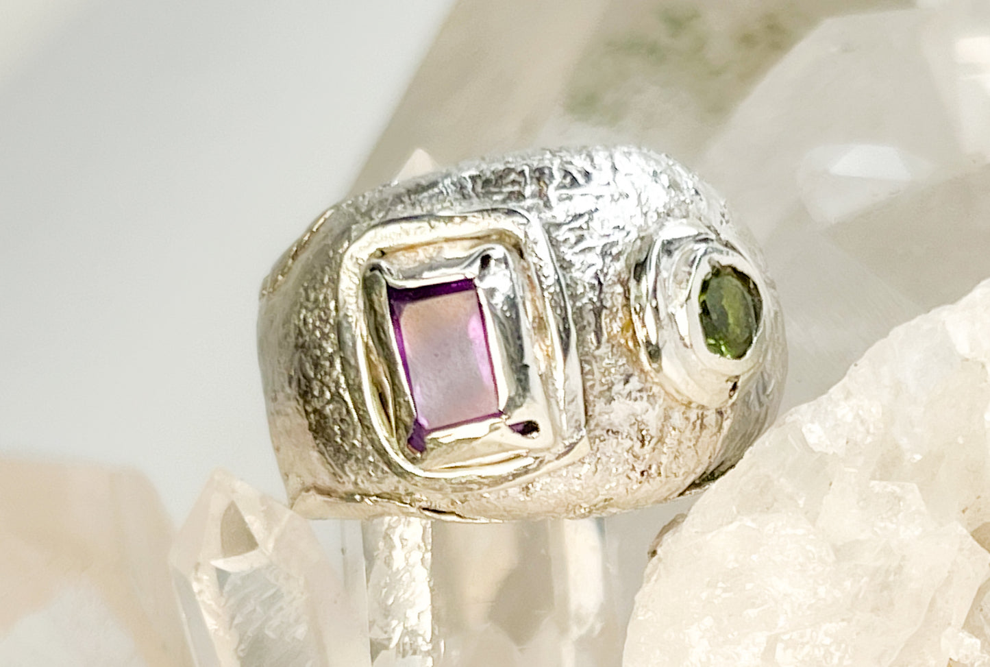 Amethyst and peridot sterling silver ring