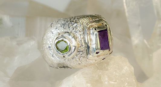 Amethyst and peridot sterling silver ring