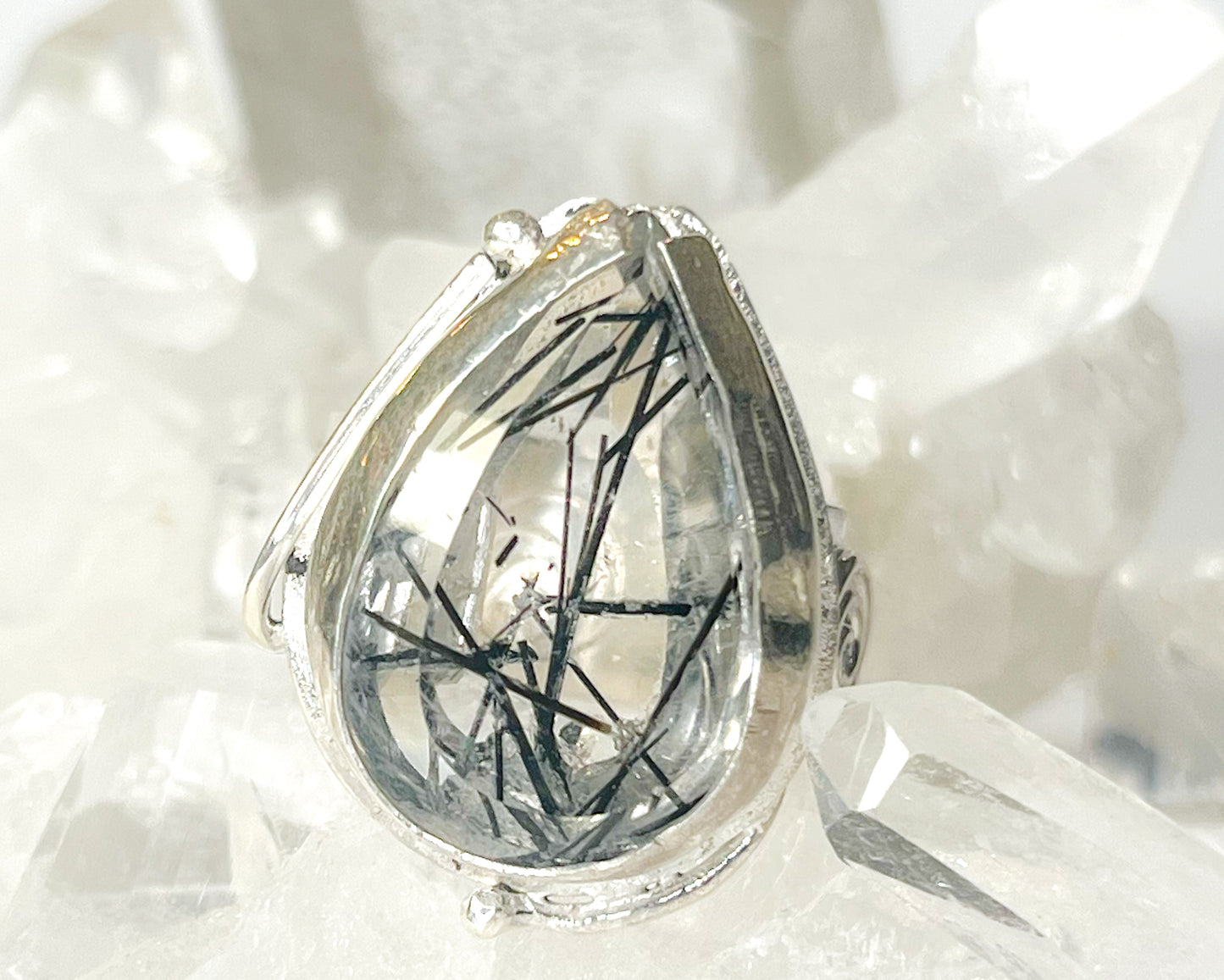 Silver Ring and  Rutilated Quartz with black tourmaline
