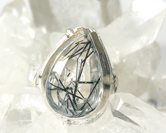 Silver Ring and  Rutilated Quartz with black tourmaline