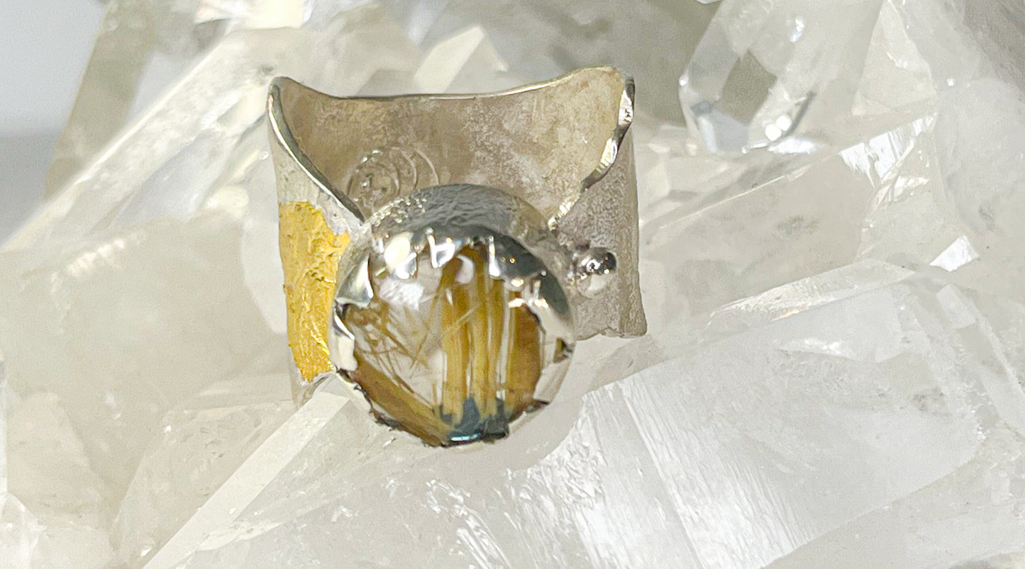 Rutilated quartz silver ring, sterling silver and 22kt kumboo gold