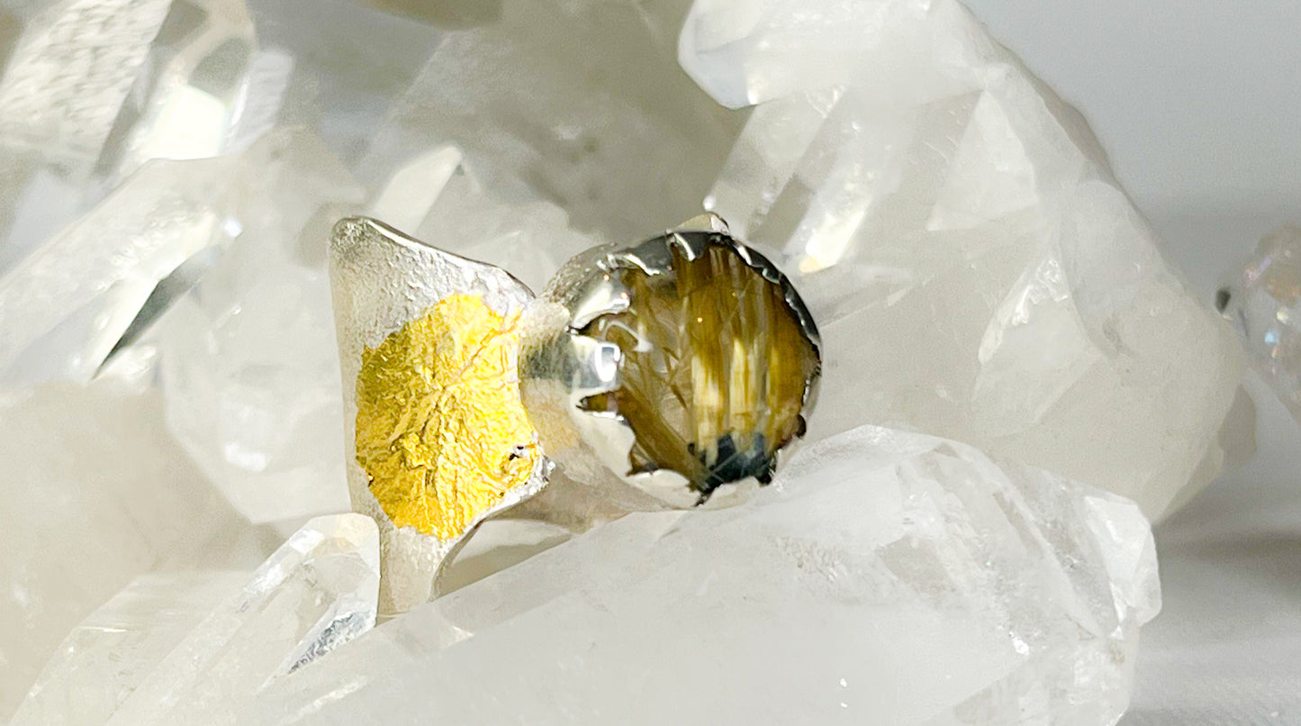 Rutilated quartz silver ring, sterling silver and 22kt kumboo gold