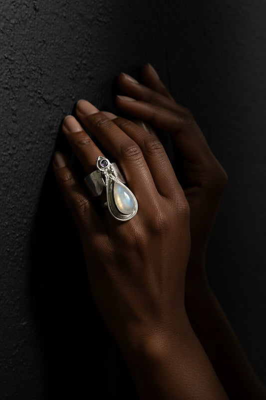 Sterling silver ring with moonstone and amethyst
