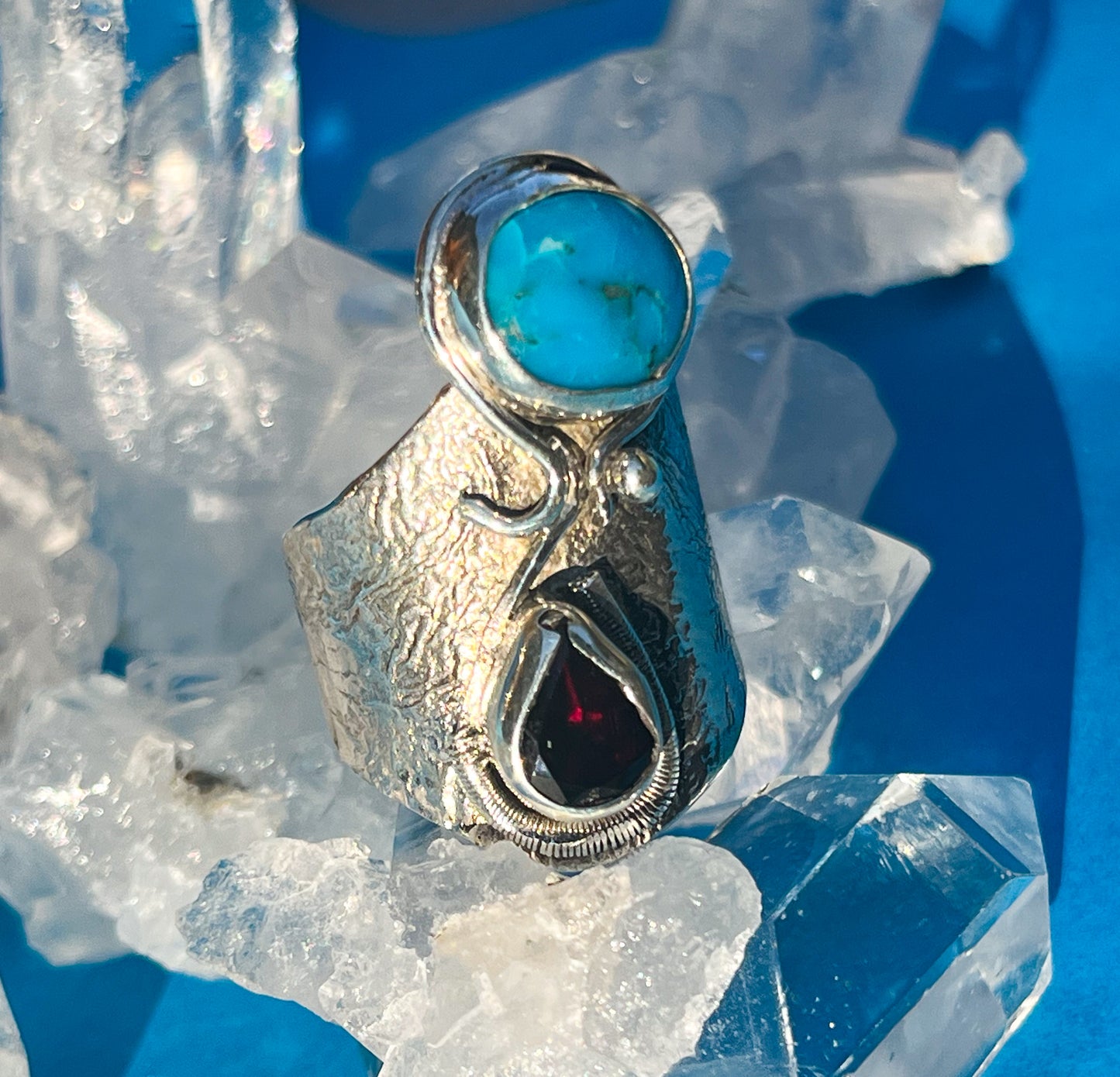 Sterling Silver with             Peruvian Turquoise and Garnet