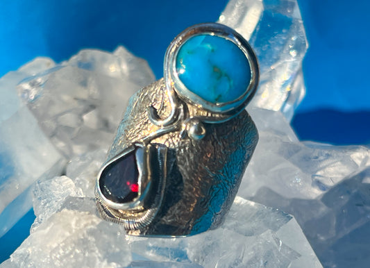 Sterling Silver with             Peruvian Turquoise and Garnet
