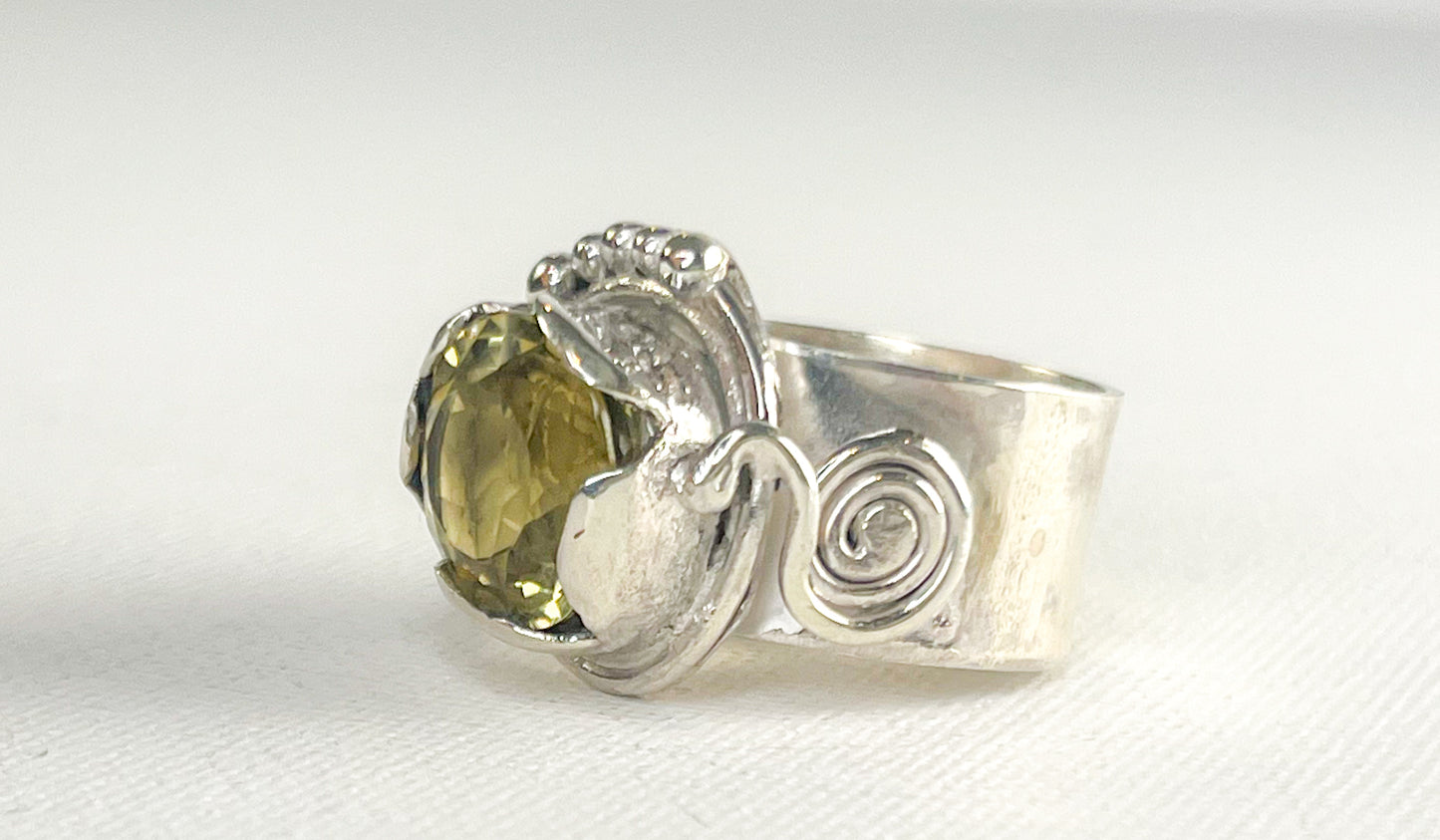 Silver Ring with Green Golden Crystal