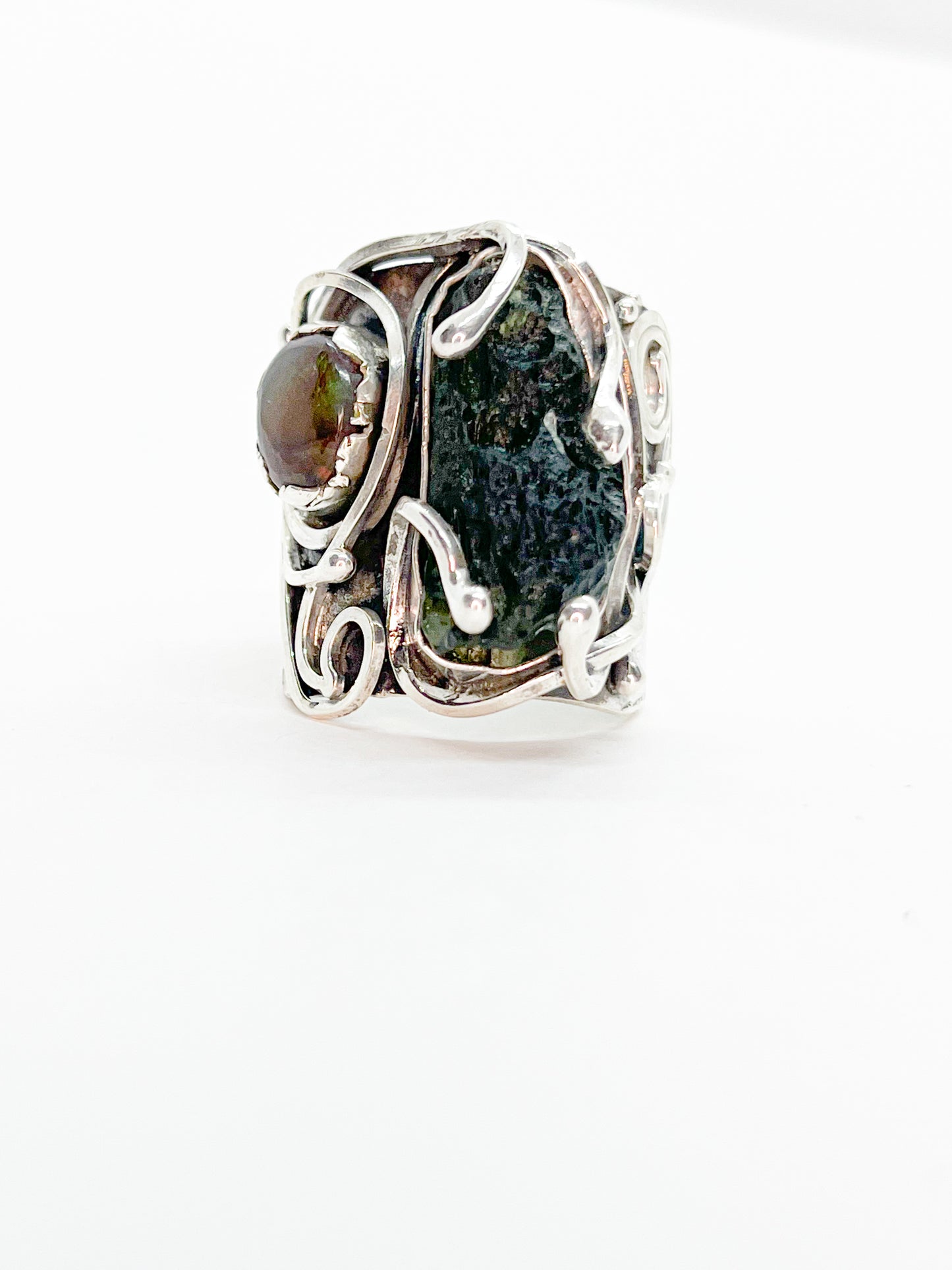 Moldavite & Fire Agate Ring