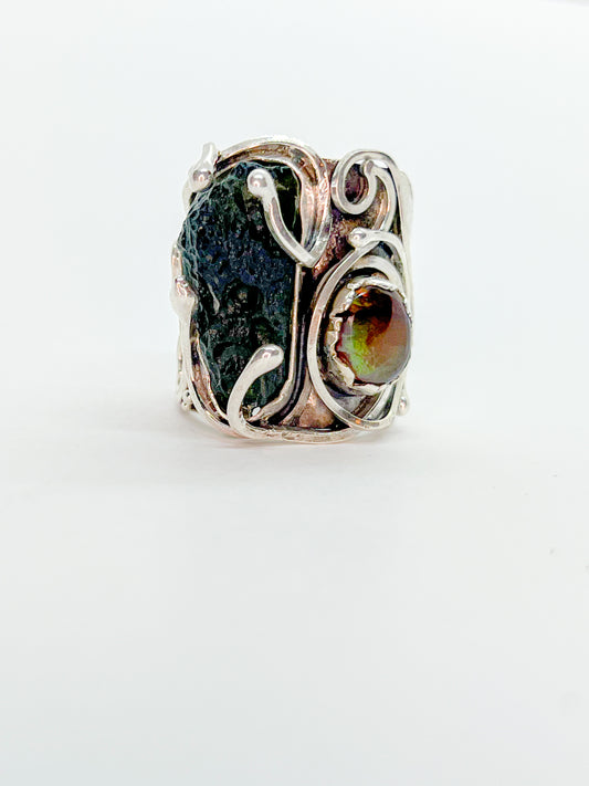 Moldavite & Fire Agate Ring